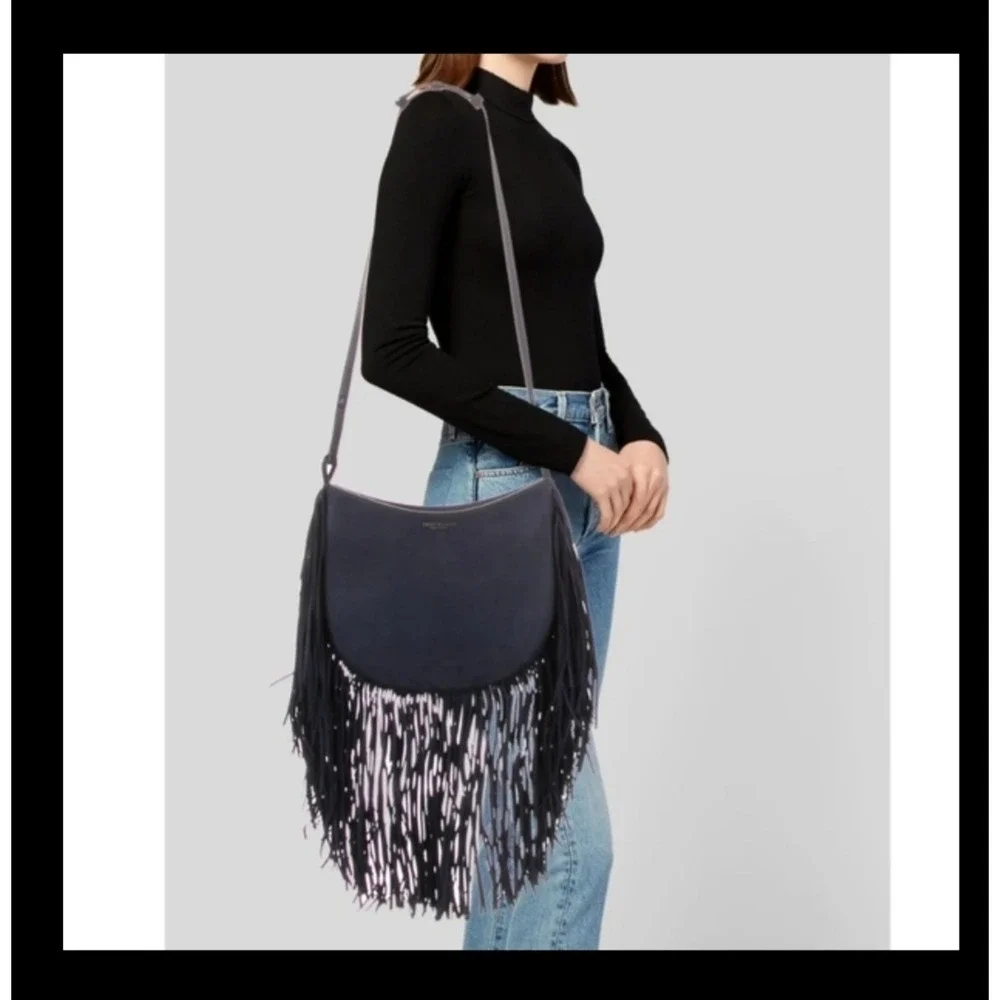 Tory Burch blue suede fringe purse. Never worn. NWOT. Boho Indie stylish Edgy